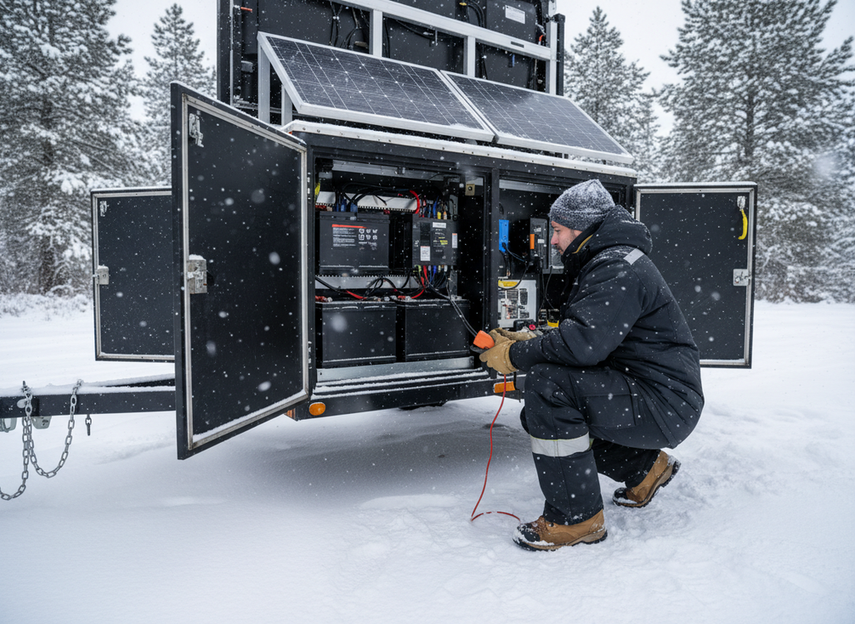 Portable solar VMS trailer in a winter field with the battery compartment open for inspection during setup
