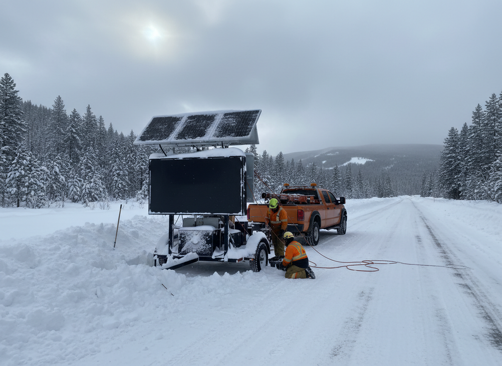 Winter roadside solar VMS trailer being monitored after cloudy weather, with the sign face off and snow around the site