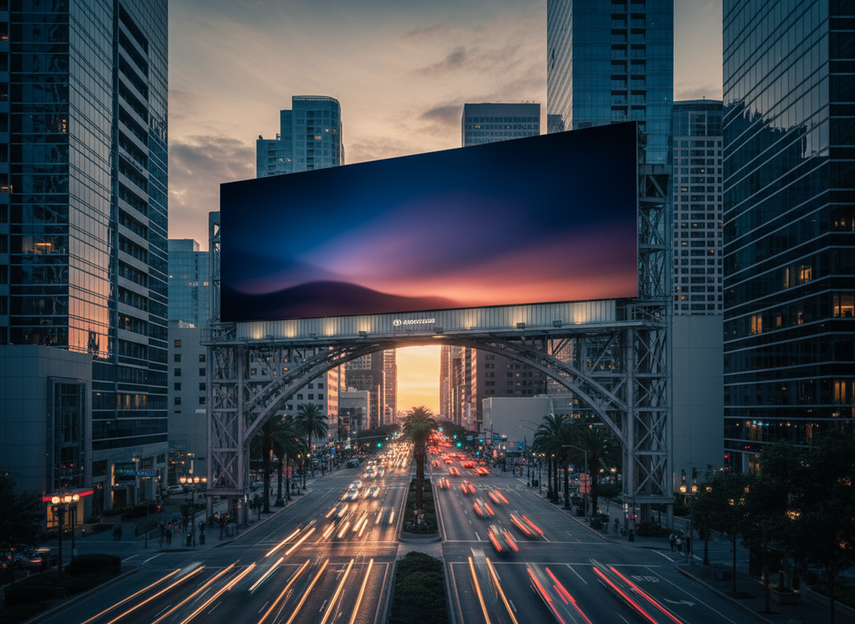 A large outdoor digital billboard at dusk on a city street, shown as a broad hero view for a 3D out-of-home advertising project.