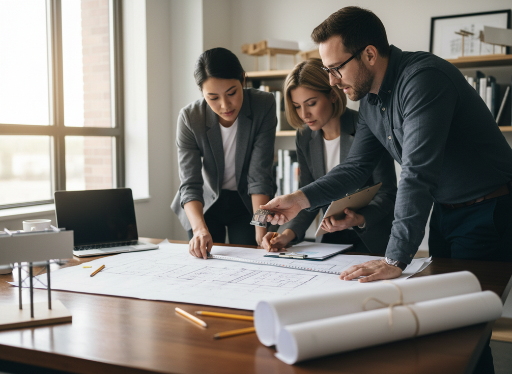 A team reviewing a billboard site plan with structural drawings, a permit folder, and measurement tools at a desk near a large window.