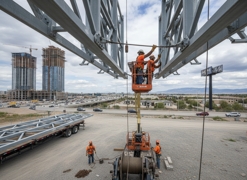 Workers installing an outdoor LED billboard structure on a lift, with cables, brackets, and construction equipment visible on site.