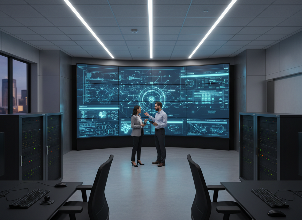 Mission control room with a large LED wall under evaluation, showing a calm operator workflow and a technical review setup