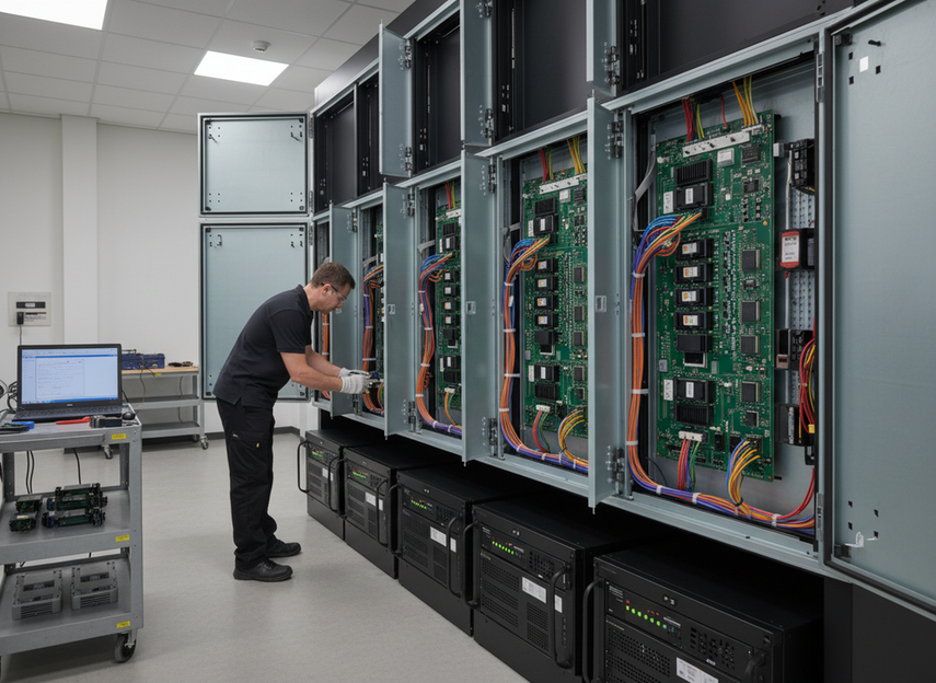 Control room technician checking a modular LED wall system with redundant components and easy rear access for maintenance