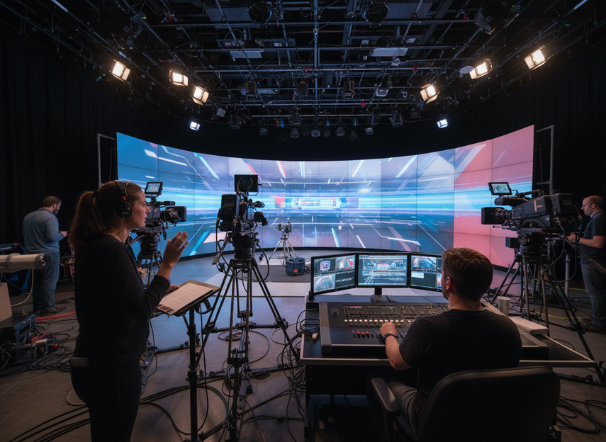Broadcast studio crew testing a live LED wall with camera-facing content changes and synchronized production workflow