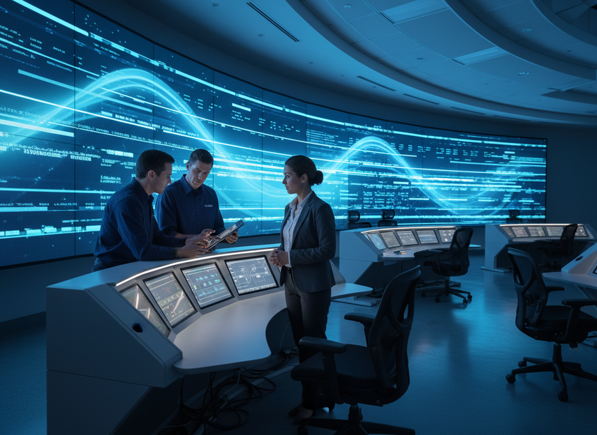 24/7 command center LED video wall in a control room with technicians reviewing maintenance support during an outage