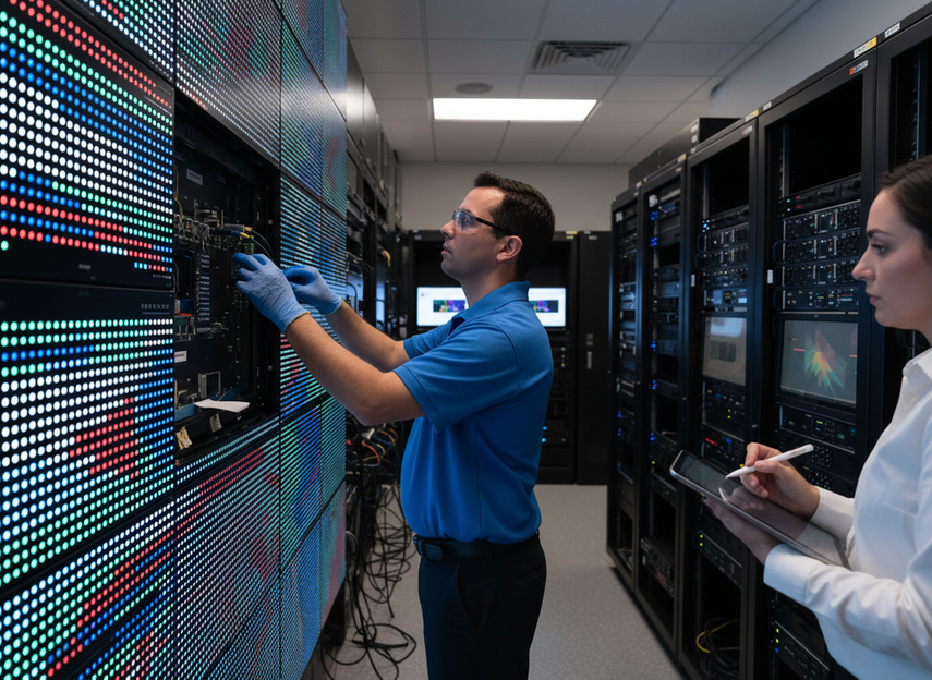 Technician inspecting a modular LED wall panel while another person documents the repair steps in a control room