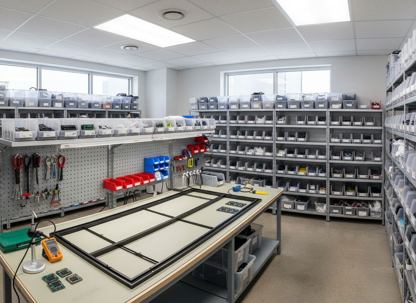 Local spare LED display components organized on shelves beside a service workbench for fast repair turnaround