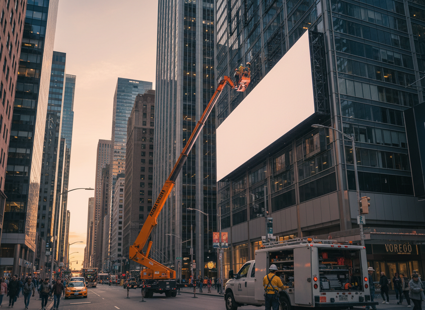 High-rise outdoor digital billboard on a city building with a service technician planning front access from the street below