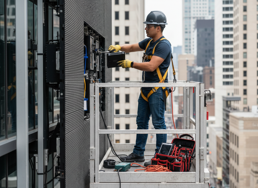 Technician servicing an outdoor LED display from the front on a building facade with maintenance tools staged nearby