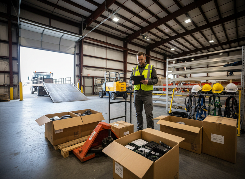 Worksite layout for high-rise DOOH maintenance with spare parts, dispatch checklist, and access equipment staged for a repeat visit