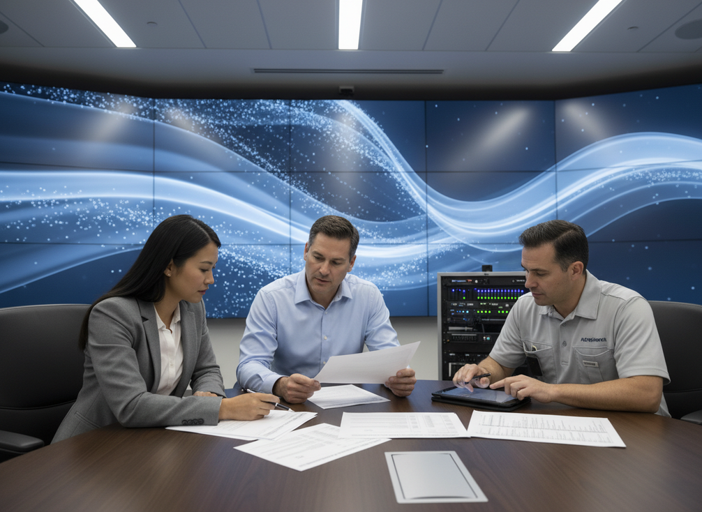 Control room LED video wall installation with technicians reviewing compliance documents and service plan before procurement