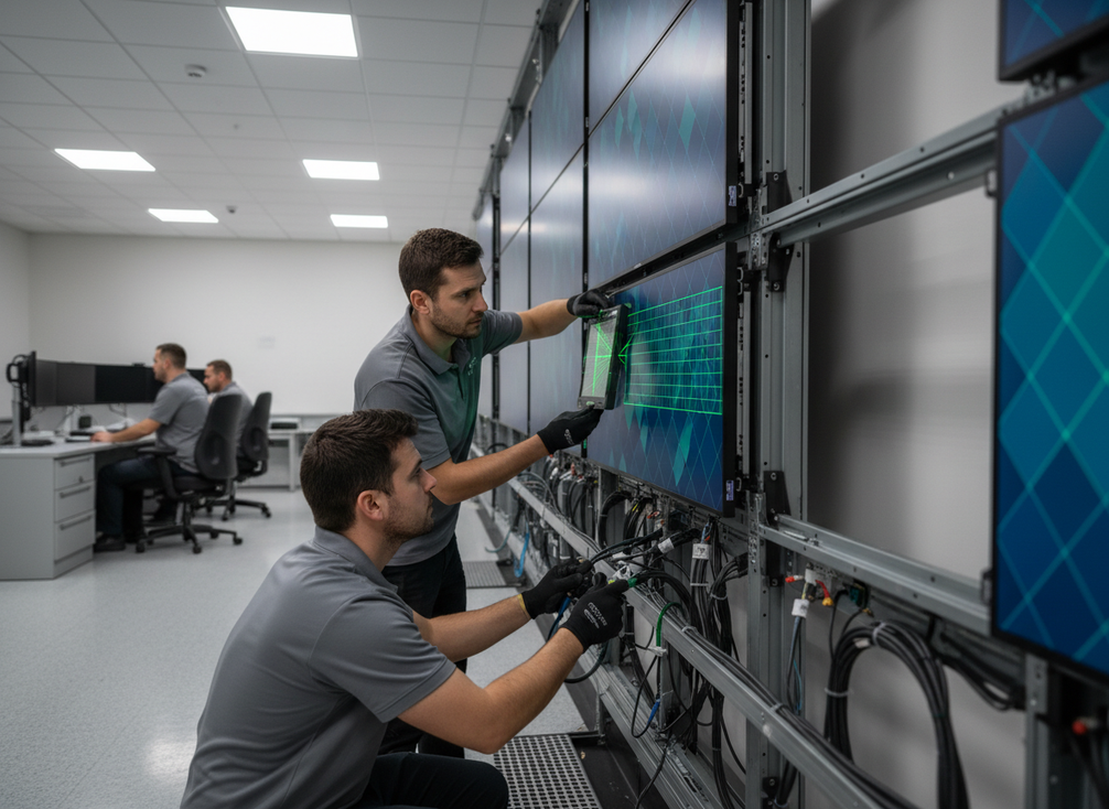 Technicians installing a fine-pitch LED wall in a mission-critical control room during setup and commissioning