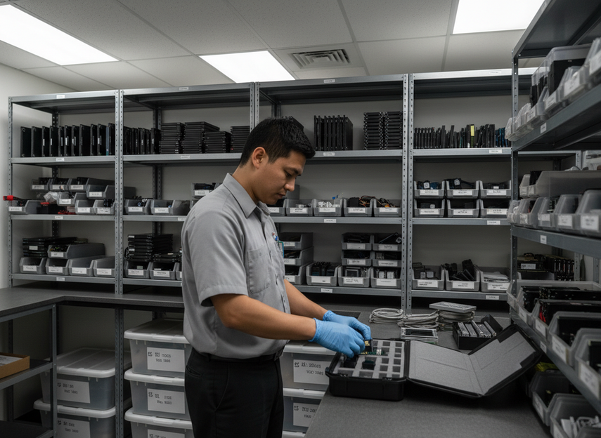 Spare LED modules, power units, and service parts organized on shelving beside a support technician for quick replacement planning