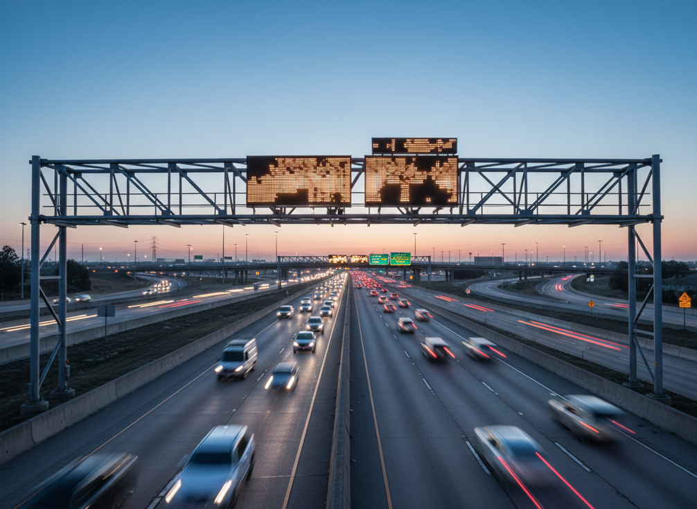 Highway variable message sign mounted above a multilane roadway at dusk, shown as an overhead driver-facing traffic messaging system for a corridor project.