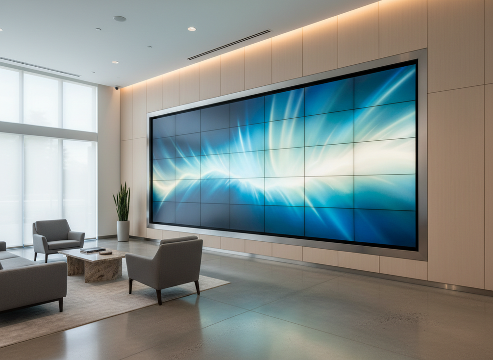 Cabinet-less LED display in a modern lobby wall with a clean built-in appearance