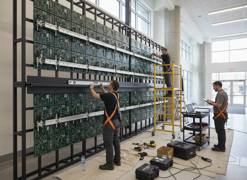 Cabinet-less LED display being installed on a prepared wall sub-frame in a fixed interior project