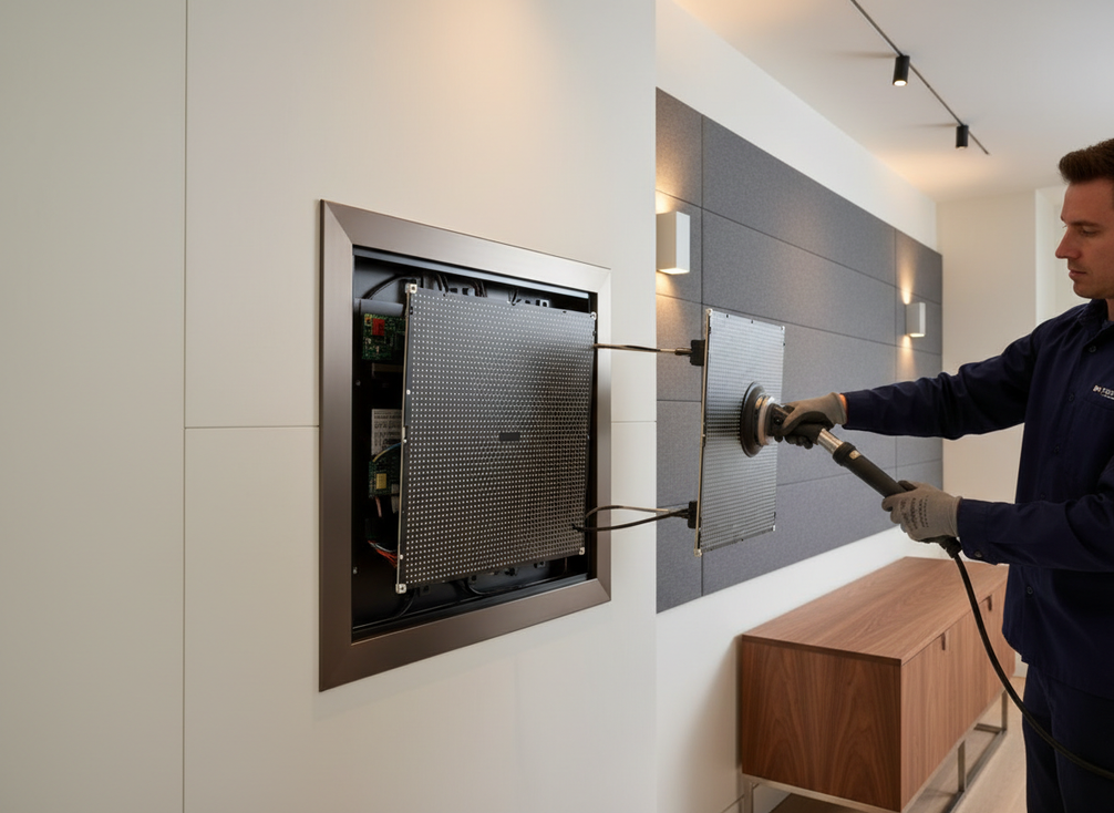 Cabinet-less LED wall detail view showing a clean perimeter and front-access maintenance approach