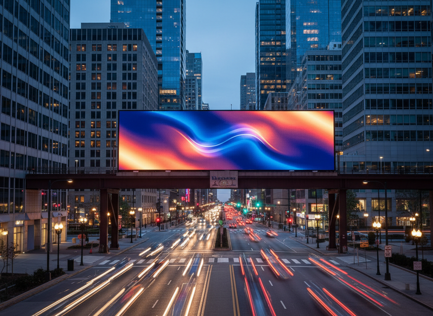 Large outdoor digital billboard with a bright ad display in a city setting at dusk