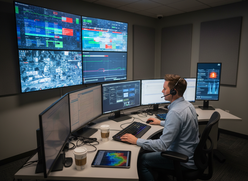 Technician reviewing multiple outdoor digital billboard status screens in a remote operations room