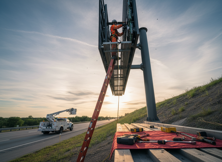 Service technician accessing a high-mounted outdoor display structure with safety equipment at an elevated site