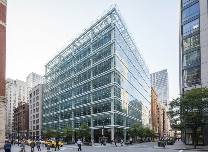 Architectural building facade with an open media skin on a glass exterior, showing wind-permeable LED installation in a realistic urban setting