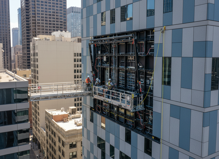 Architectural crew examining a mesh LED facade section on a tall building with a lift platform for maintenance access