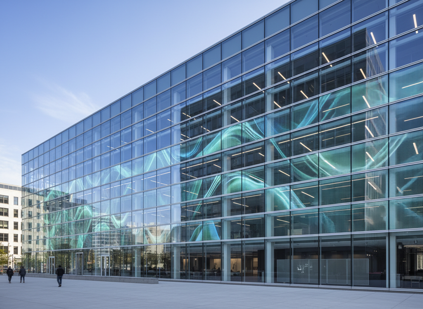 Glass curtain wall with a transparent LED facade layer installed across the exterior, preserving daylight and sightlines