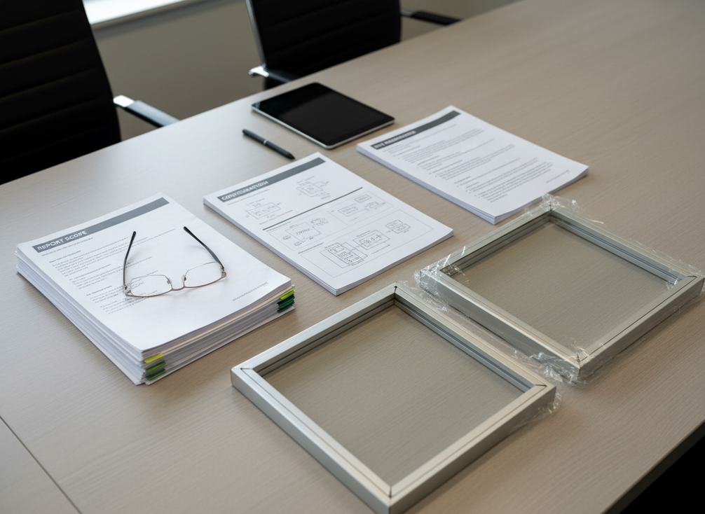 Side-by-side comparison of an LED display test report, certification document, and site checklist being reviewed for procurement