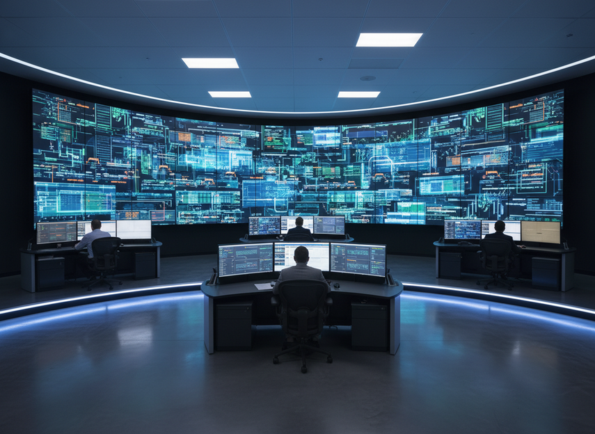 24/7 control room LED video wall in a modern operations center, showing a wide wall of active displays and seated operators in a dim room