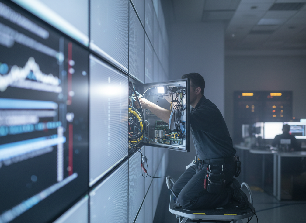 Close view of a mission-critical LED wall panel being serviced from the front in a control room, with a technician replacing a module while the rest of the wall stays on