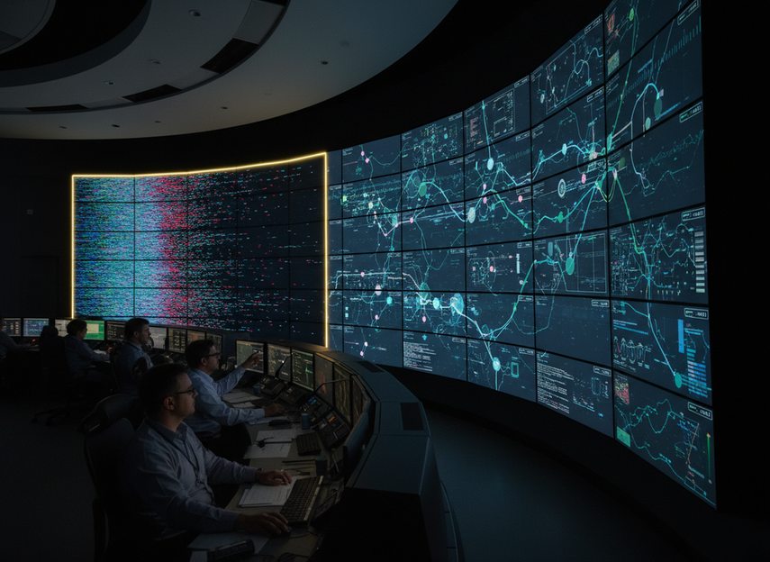Technical comparison scene with two control-room display sections, one stable and one showing a contained fault while operators monitor the wall from a distance