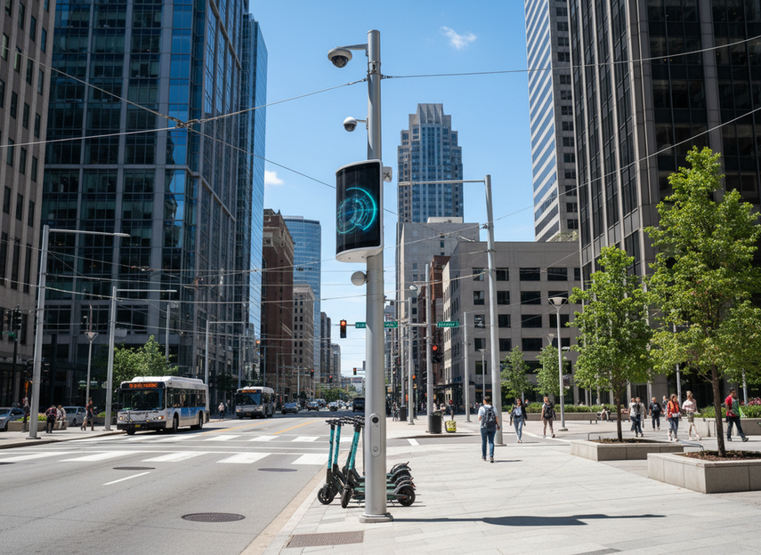 Smart city pole LED display mounted on a street pole in an urban setting, showing municipal information infrastructure