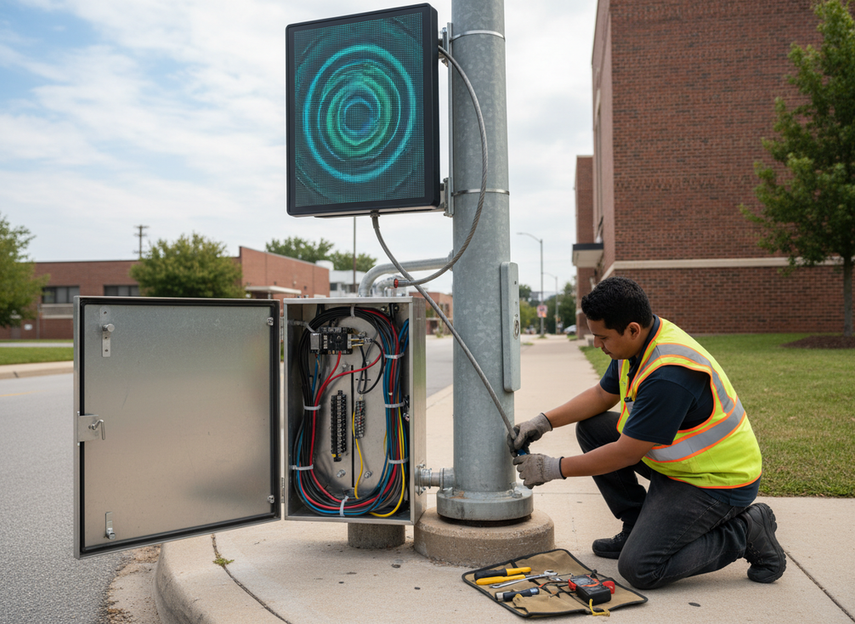 Technician reviewing a smart pole LED display installation and connected equipment at street level