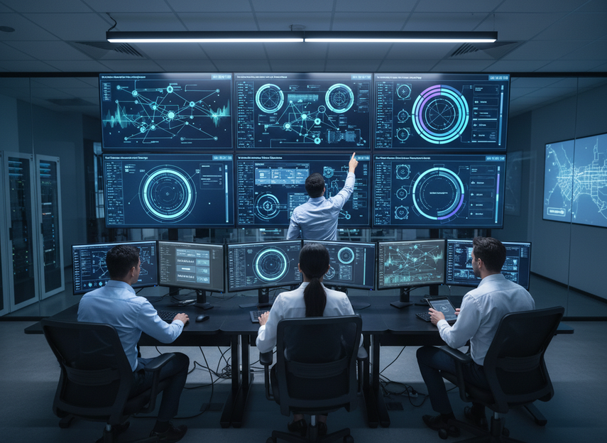 City operations team monitoring smart pole data nodes across a dashboard in a control room