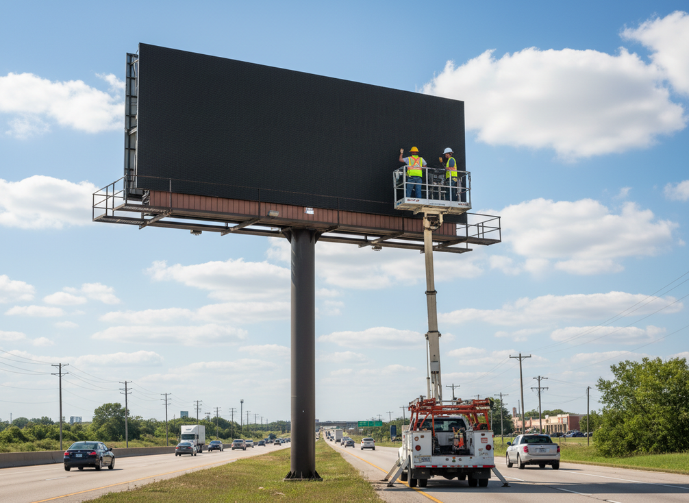 Front-service outdoor LED billboard on a roadside structure with technicians accessing the display from the front during maintenance