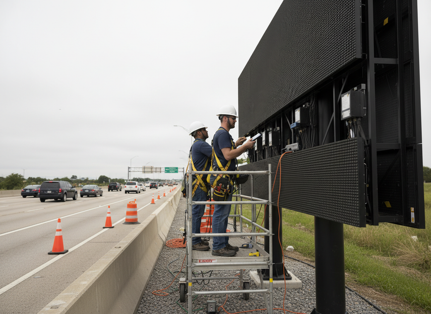 Technicians servicing an outdoor LED display from the front at a roadside site with limited space behind the cabinet