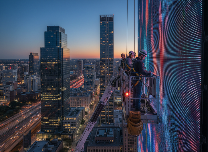 High-rise outdoor LED display maintenance using front access on a building facade with a lift platform and crew coordinating safely