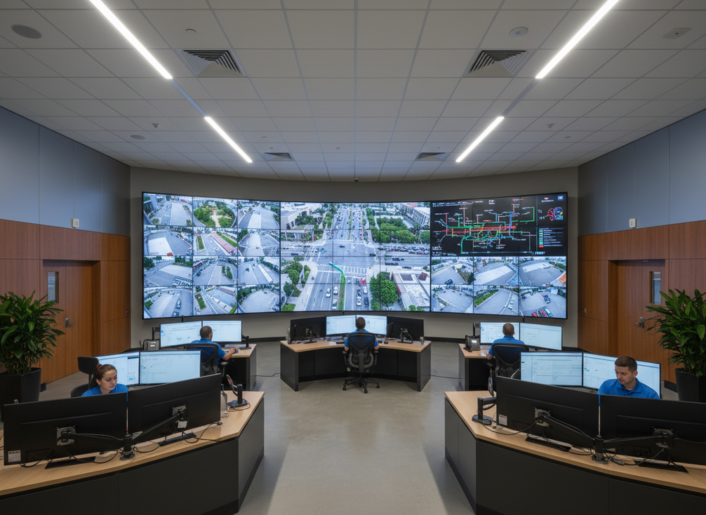 Smart city operations center with a large LED display wall showing multiple municipal monitoring panels