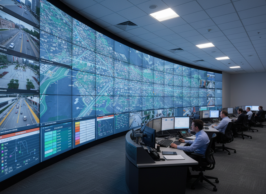 Operators reviewing a smart city control room video wall from consoles in front of a large municipal display