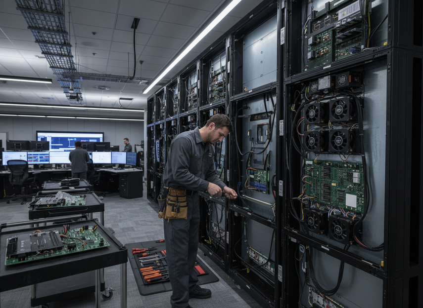 Modular LED wall maintenance access inside a municipal command center with a technician inspecting display panels