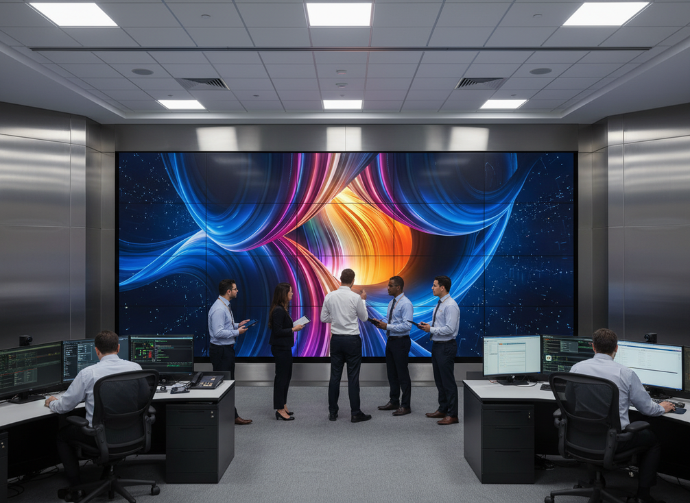 Large fine-pitch LED video wall in a control room with dimmed lighting and facility staff reviewing cooling and power planning