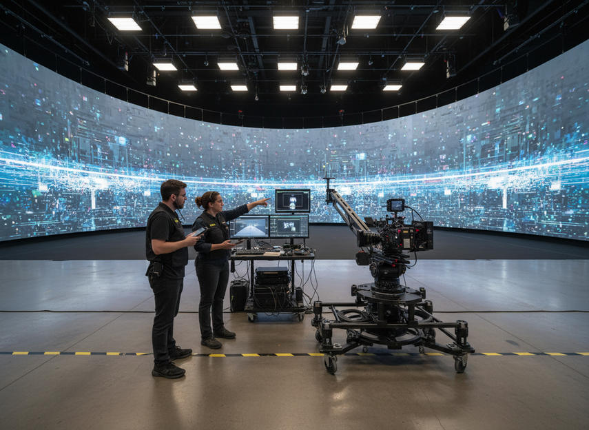 XR stage LED wall supplier selection concept with a large LED volume in a studio, camera rig in front, and a small production team reviewing the setup