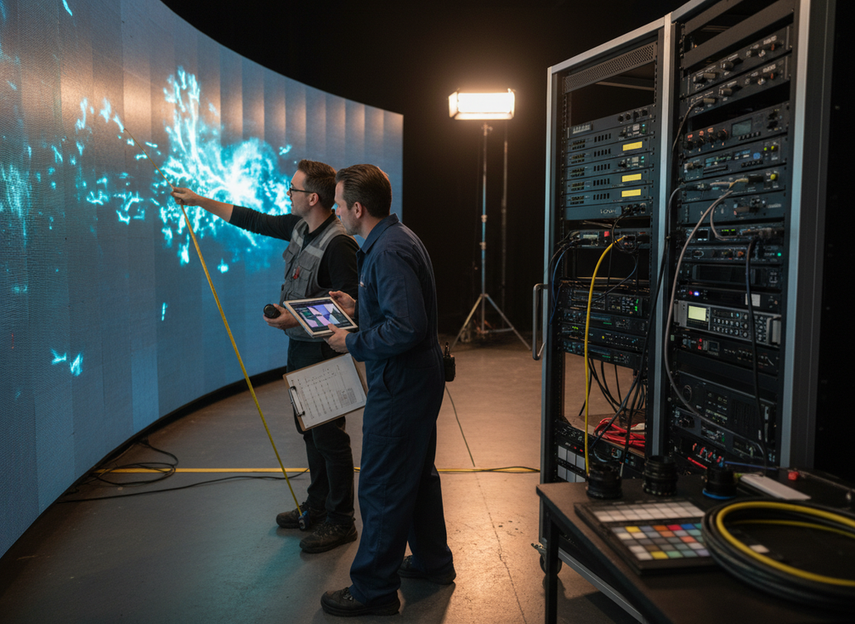 Technical team comparing an XR stage LED wall workflow in a studio with camera position, processor rack area, and wall calibration setup