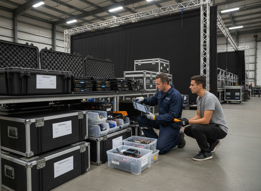 Support and maintenance view of an XR stage LED wall with a technician checking spare modules and installation materials beside the stage