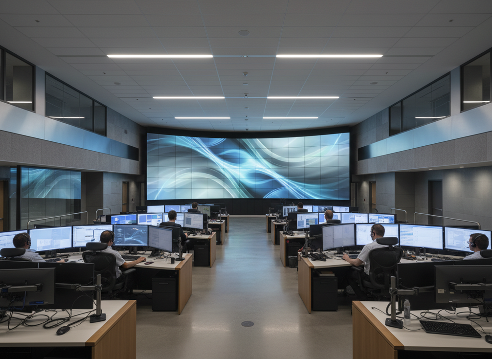 Command center LED video wall in a control room with operators monitoring large screens