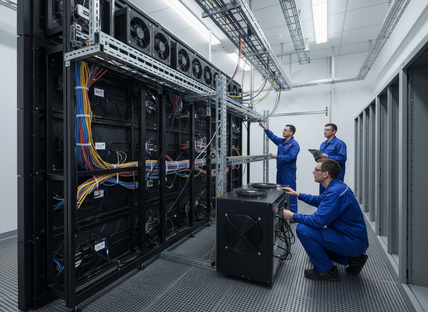 Close view of a mission-critical LED display wall with technicians checking airflow and equipment clearance behind the installation