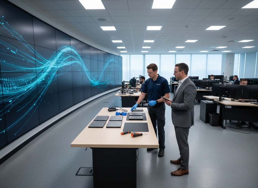 Control room LED video wall with a service technician reviewing spare modules and maintenance supplies beside the display