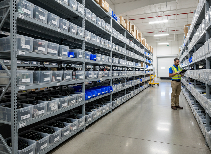 Row of labeled spare LED wall components and power supplies stored on shelves for future replacement