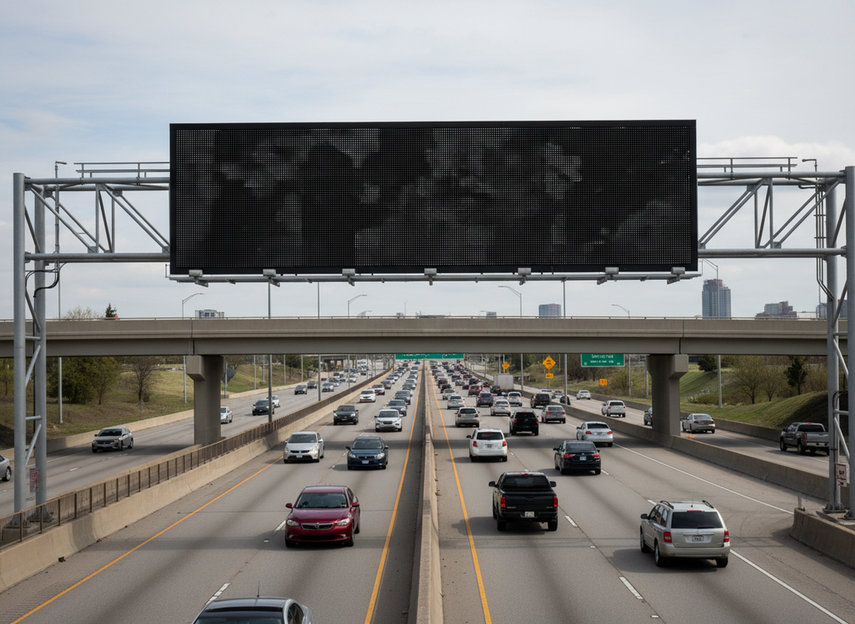 Highway variable message sign mounted over a roadway in a professional transport setting