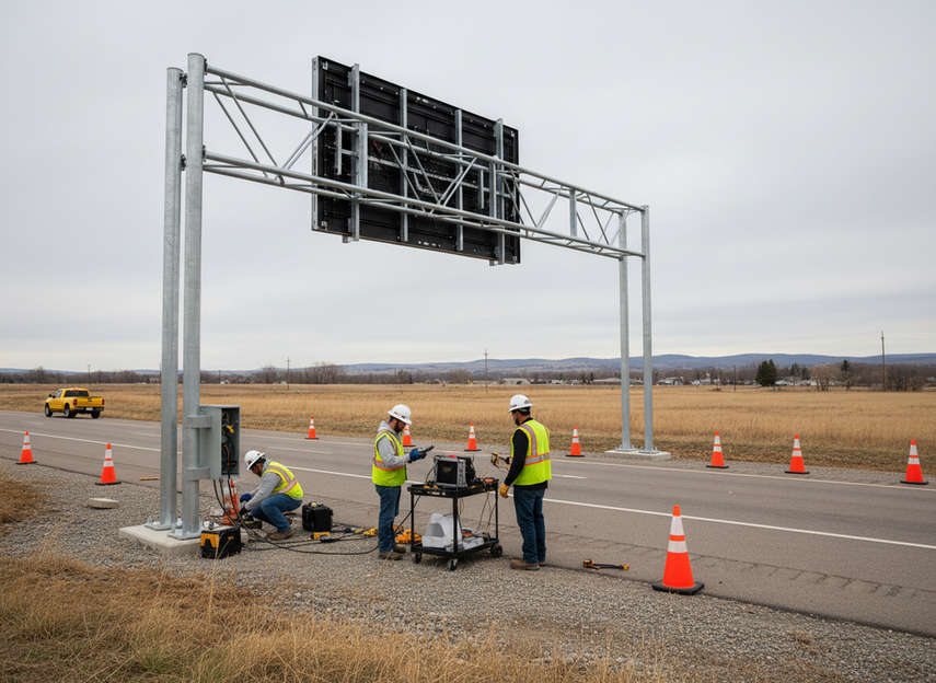 Roadside crew testing a mounted dynamic message sign with calibration equipment before final acceptance